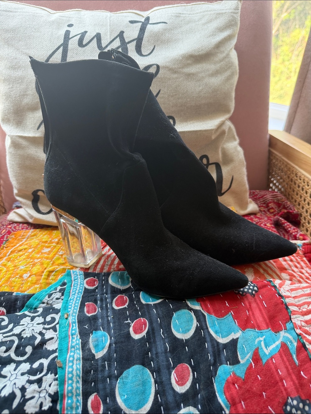 CECELIA NEW YORK Black Suede Pointed Ankle Boots with Clear Block Heel